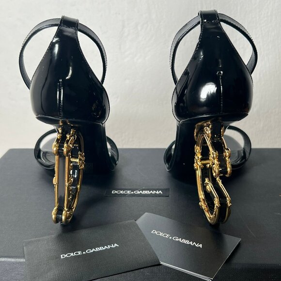 Dolce&Gabbana Black Gold Sculpted-Heel Baroque DG Patent Leather Sandals - Picture 11 of 14